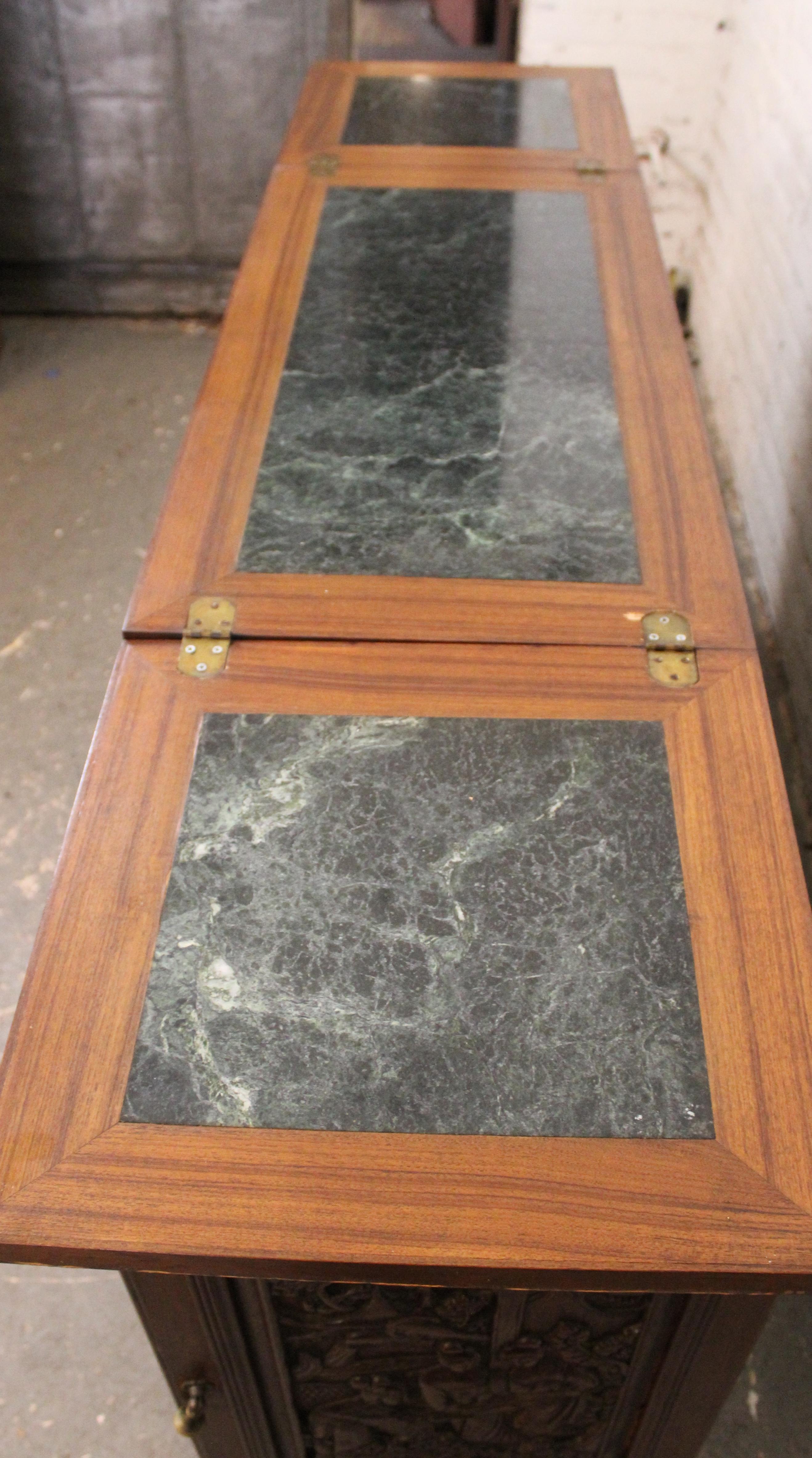Hand-Carved Expanding Carved Asian Motif Bar w/ Marble Top For Sale