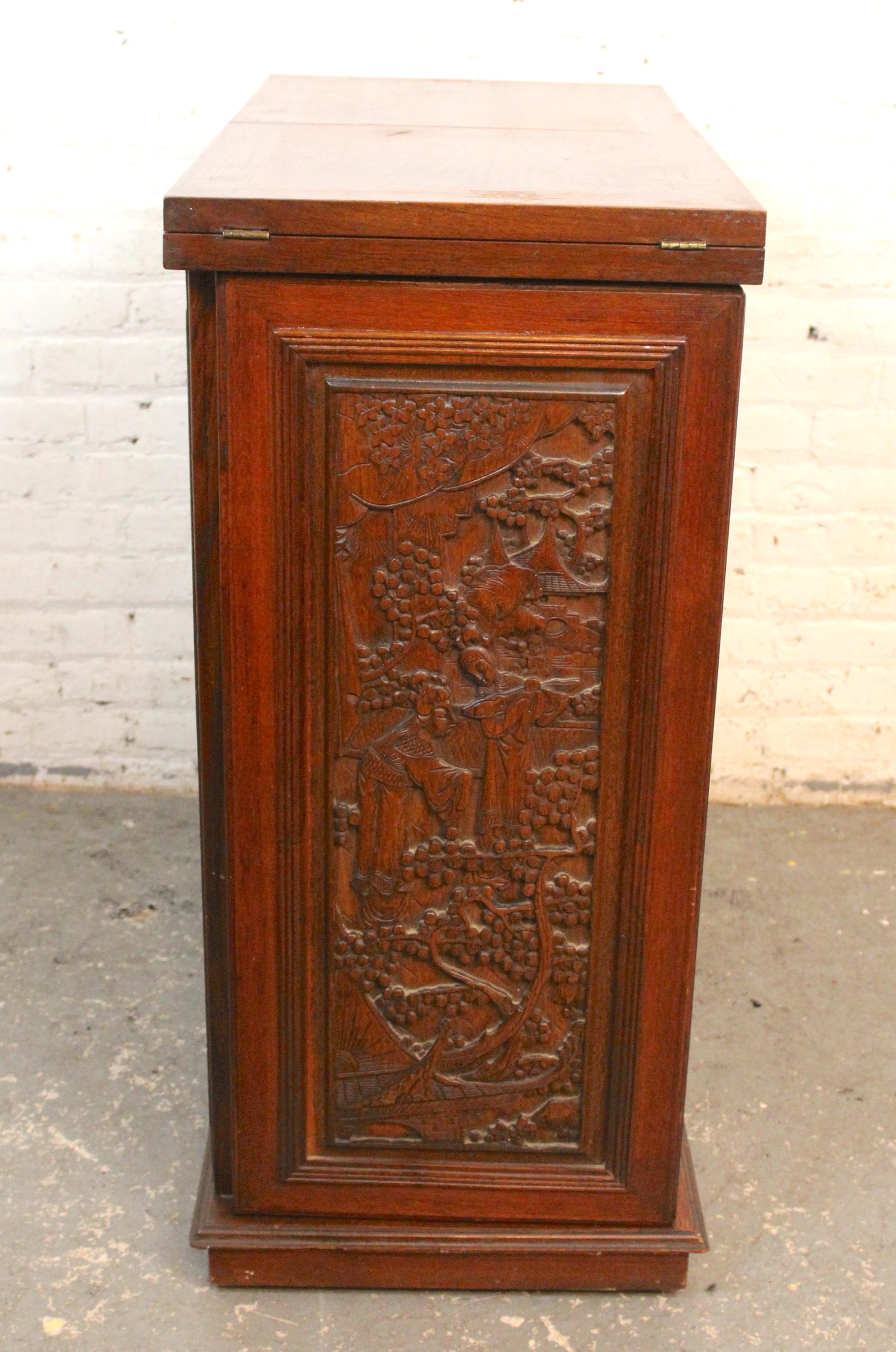 20th Century Expanding Carved Asian Motif Bar w/ Marble Top For Sale