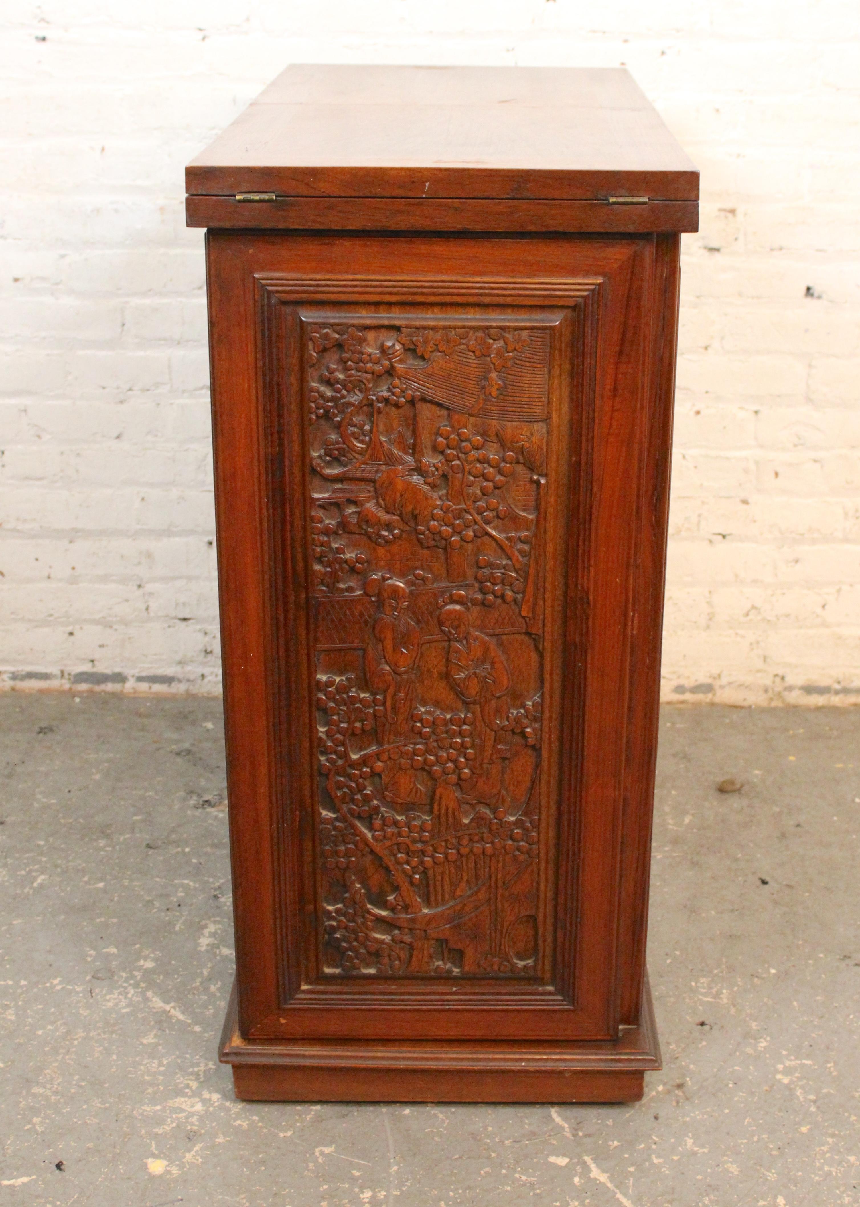 Expanding Carved Asian Motif Bar w/ Marble Top For Sale 1