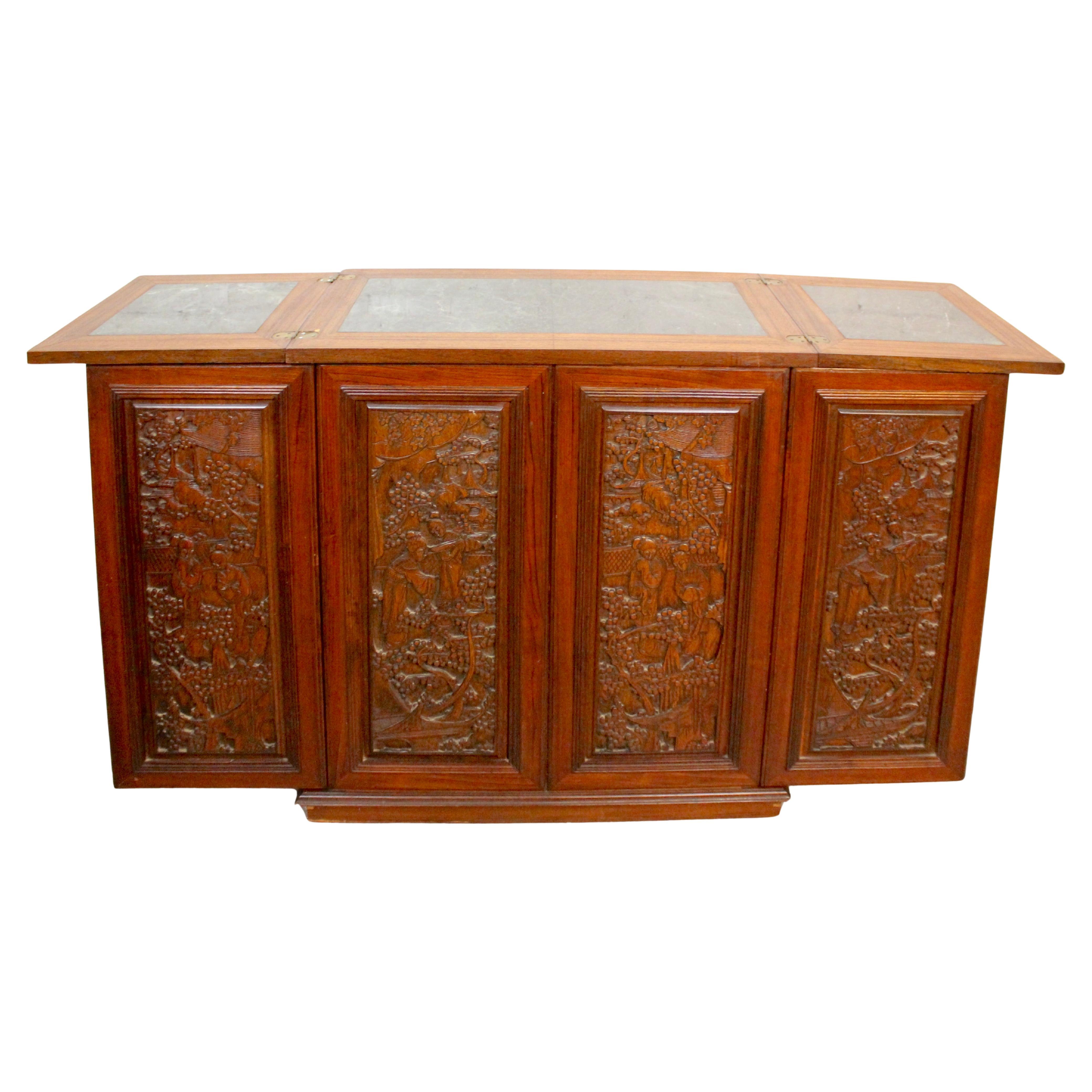 Bar extensible à motifs asiatiques sculptés avec plateau en marbre