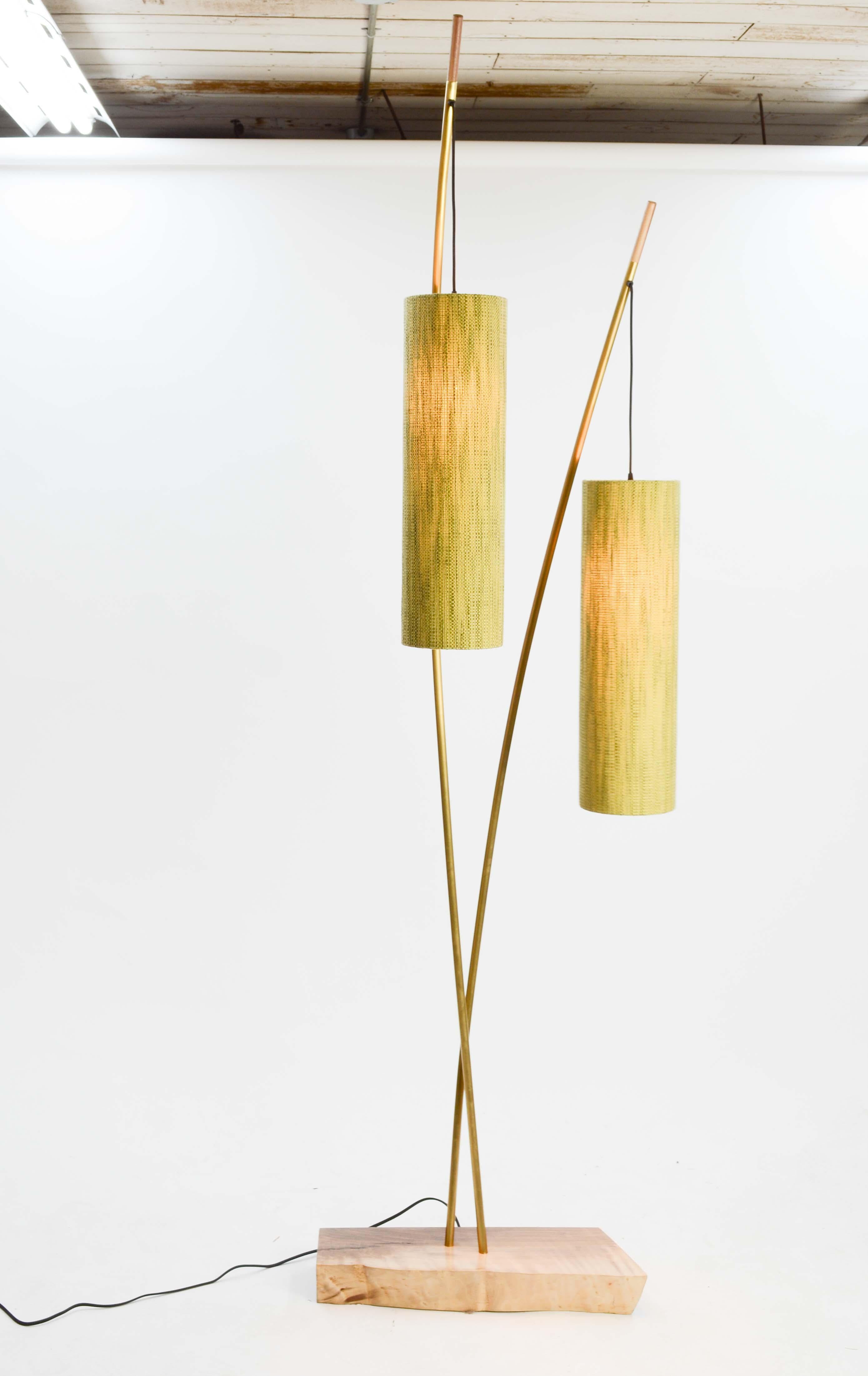 A stunning floor lamp by lighting artisan Jamie Violette of the Oregon wine country. This light is variable in it's width and the upright copper stem can rotate inward and outward to 180 degree range. This lamp brings the elements of nature inside