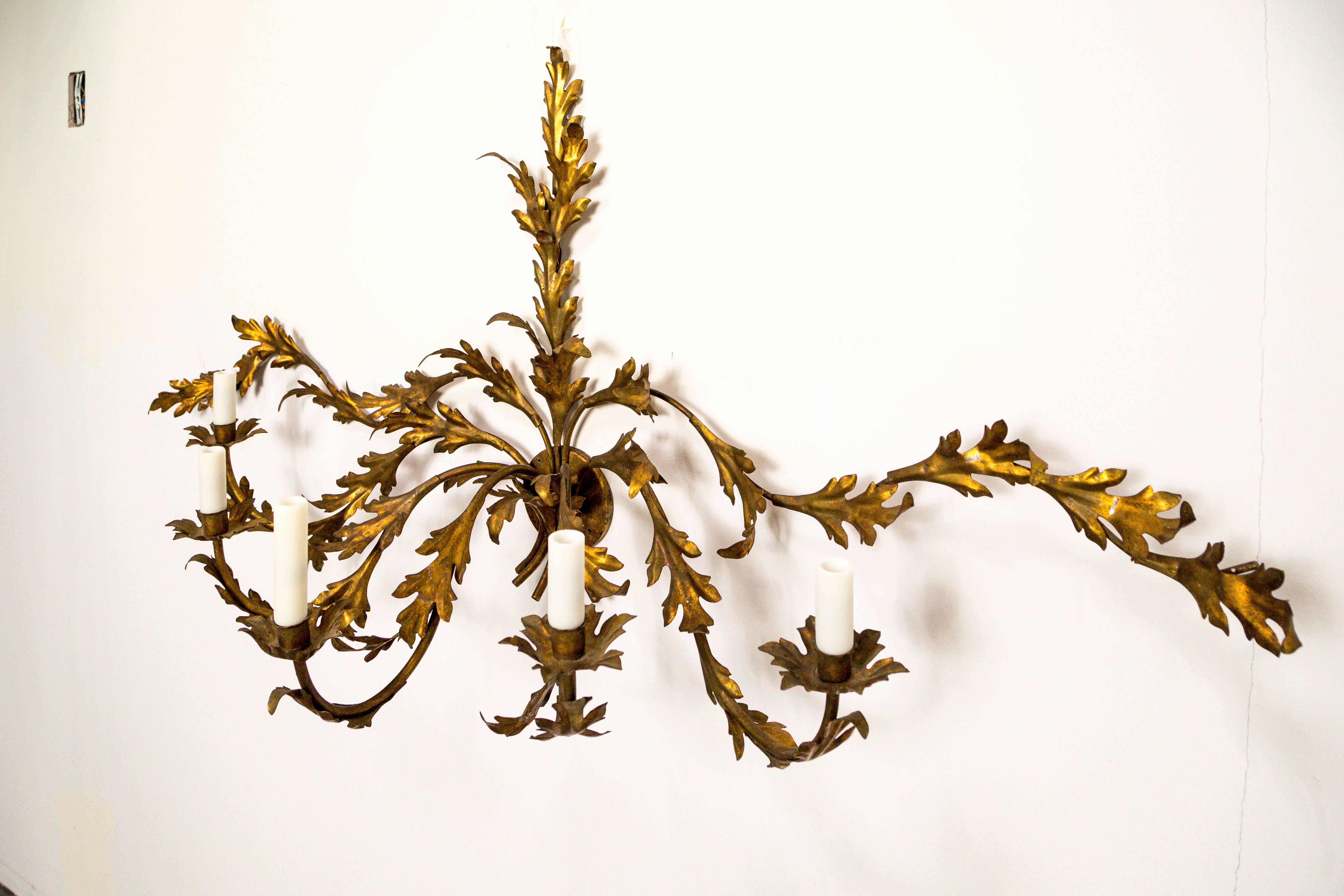 Metal Expansive Gilded Leaves Sconce For Sale