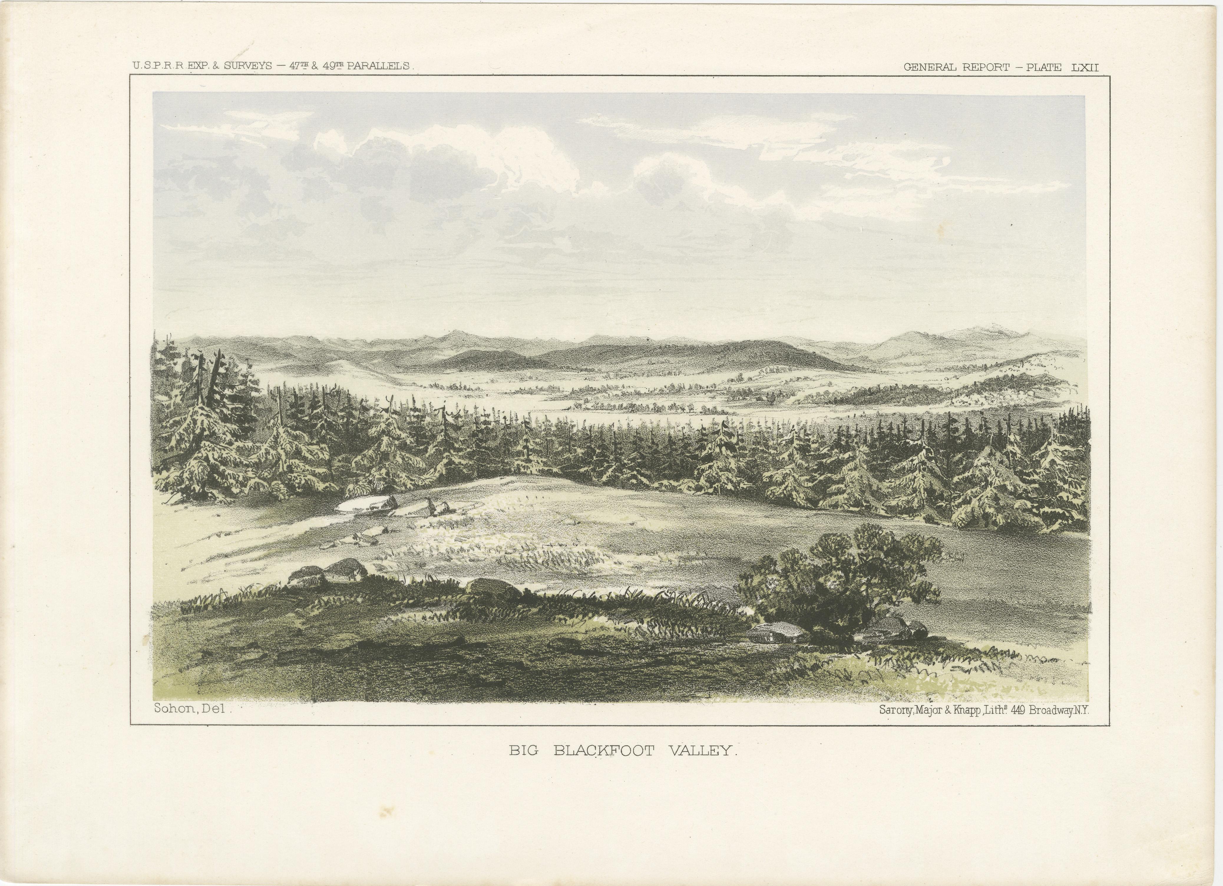 Titre : Vue étendue de la vallée de Bigli - Lithographie captivante de la frontière américaine  

Description :  
Cette lithographie capture l'étendue à couper le souffle de la vallée de Bigfoot, nichée dans la nature sauvage du Montana. Les forêts