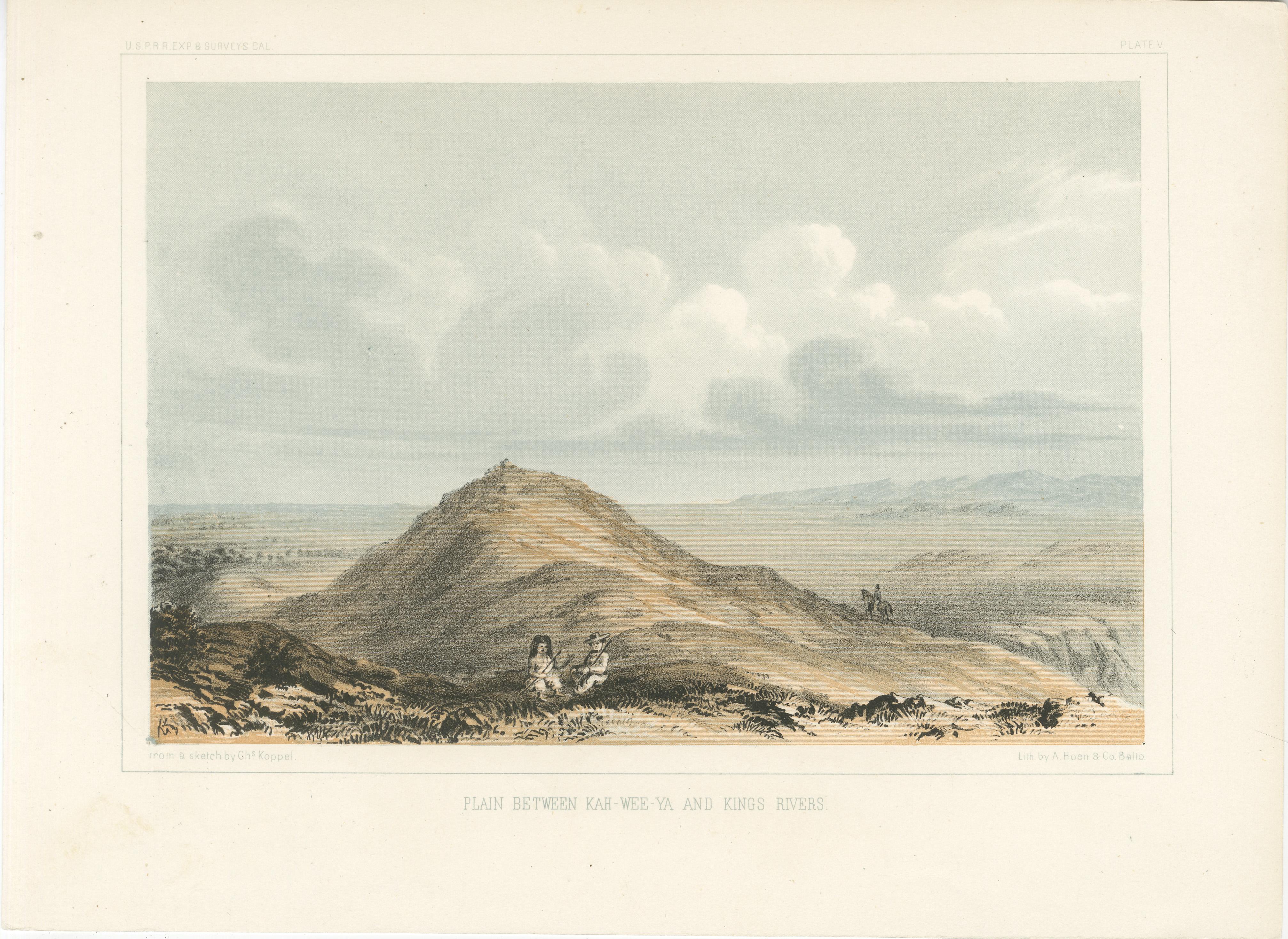 Weitläufige Aussicht auf die Ebenen zwischen Kah-Wee-Ya und Kings Rivers  

Diese eindrucksvolle Lithografie bietet einen Panoramablick auf die Ebenen zwischen den Flüssen Kah-Wee-Ya und Kings in Kalifornien und erinnert an die Weite und Einsamkeit