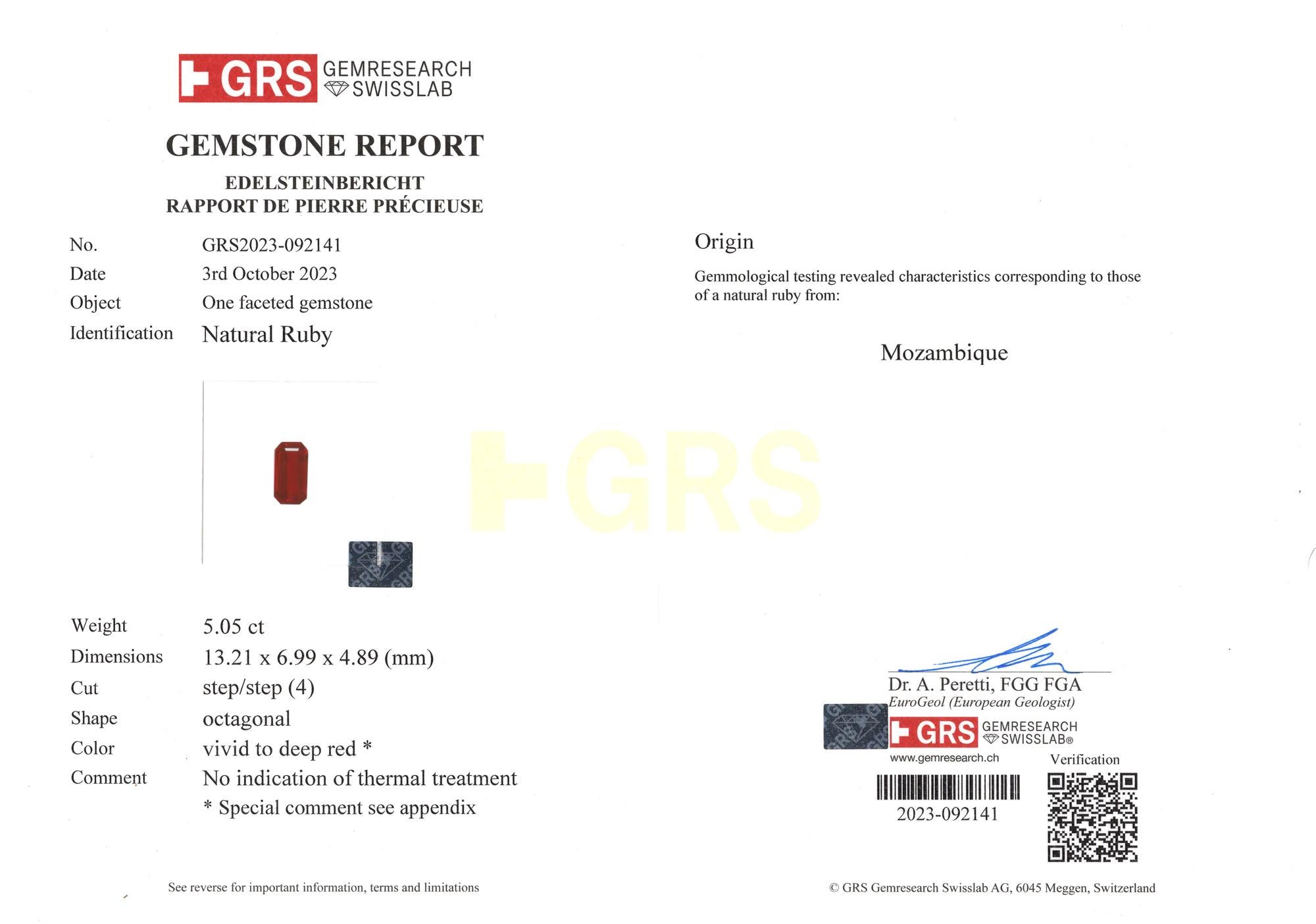 EXPECTIONAL GRS zertifizierter VIVID RED PIGEON BLOOD unerhitzter Rubinring (Smaragdschliff) im Angebot