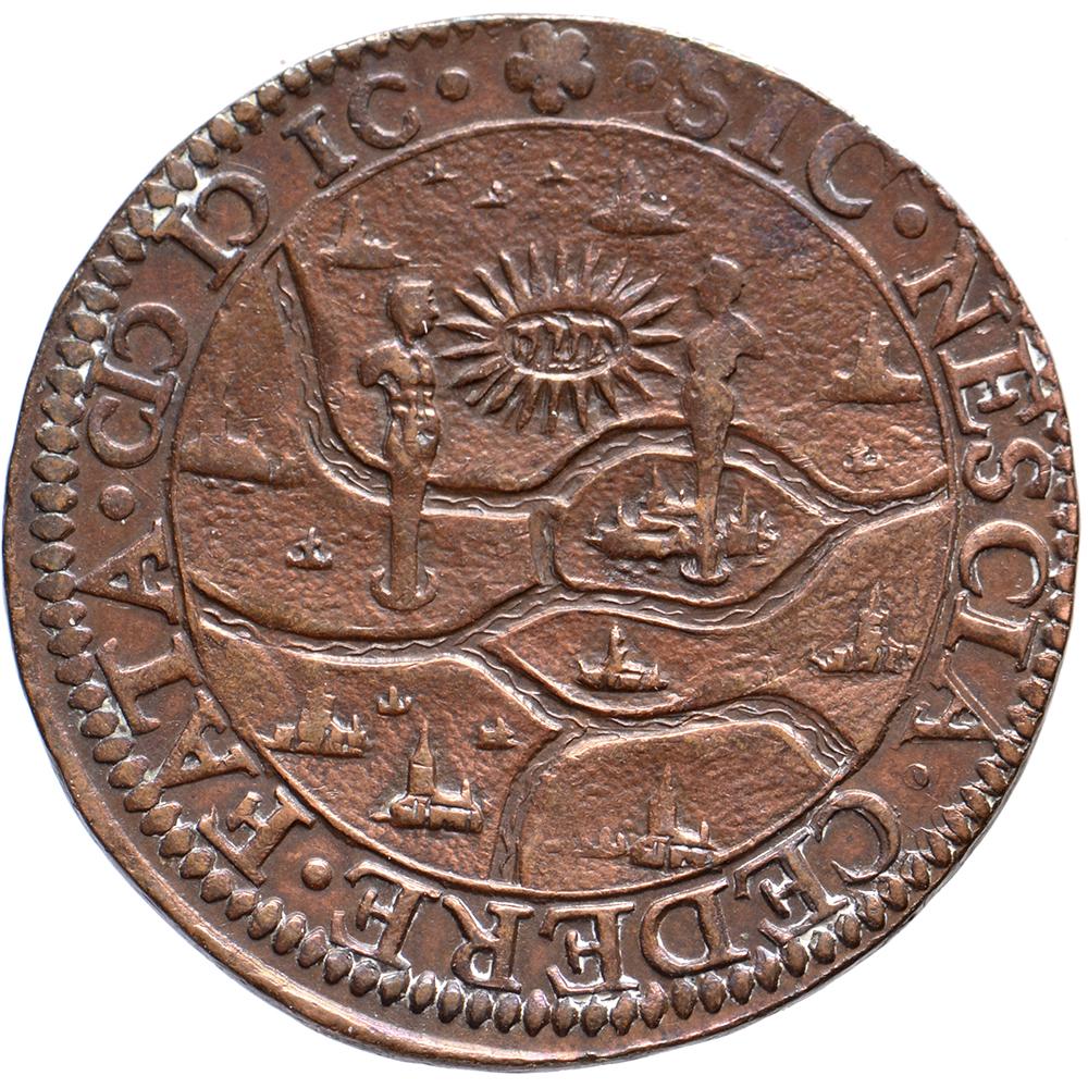 Obverse: EN ALTERA QVÆ VEHAT ARGO, the ship the Argo seen from the side, a standing soldier on the prow, the large sail with the name of Jehovah, the golden fleece hanging from the prow, S.C. underneath
Keerzijde: SIC NESCIA CEDERE FATA MDIC,