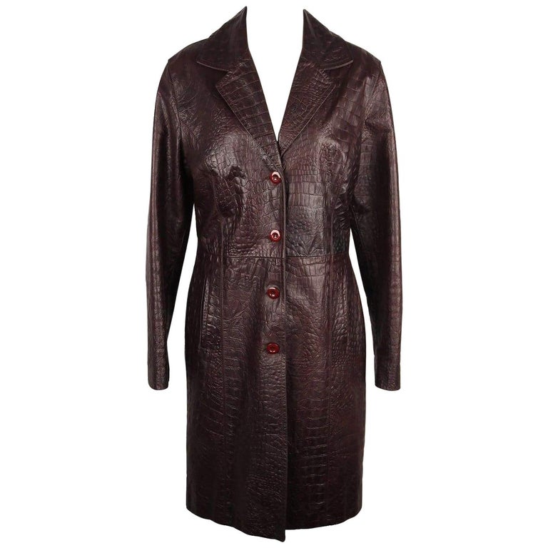 EXPENSIVE! Brown Embossed Leather COAT Size 44 For Sale at 1stDibs