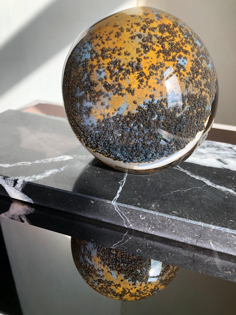 'Experience' MouthBlown Glass Vase in Ochre Gold on Marble For Sale at