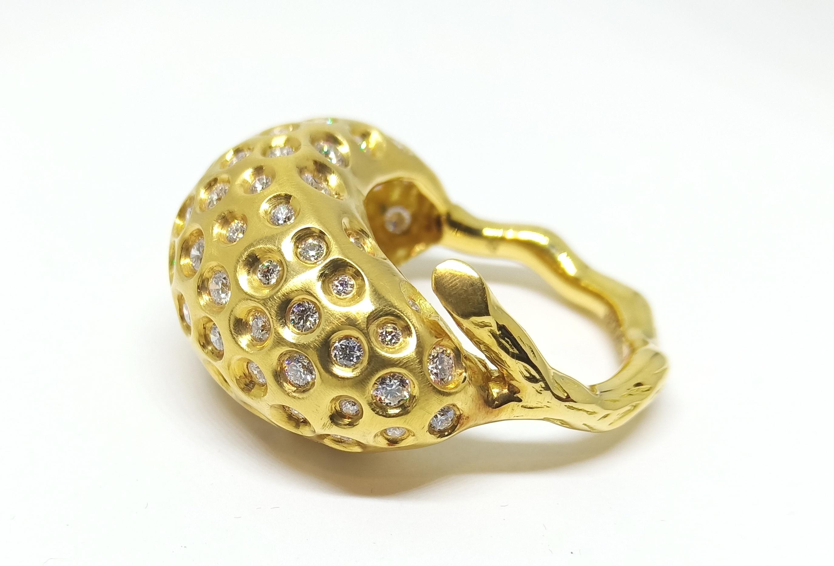 Contemporary Awe follows you with One of a Kind White Diamond Yellow Gold Cocktail Ring For Sale