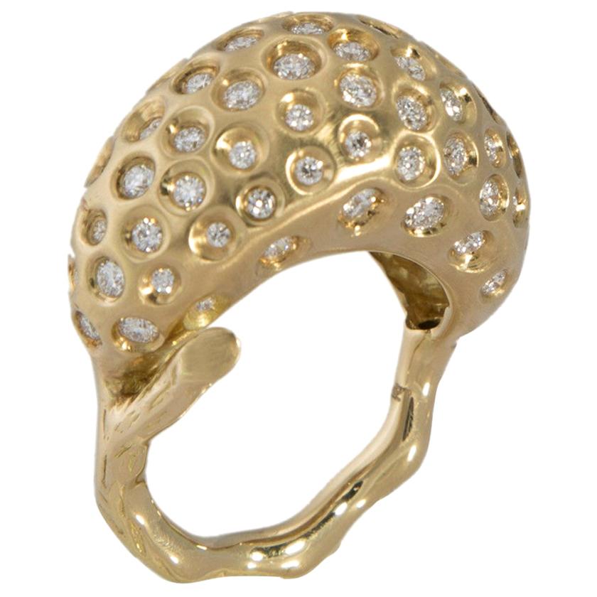 Awe follows you with One of a Kind White Diamond Yellow Gold Cocktail Ring For Sale