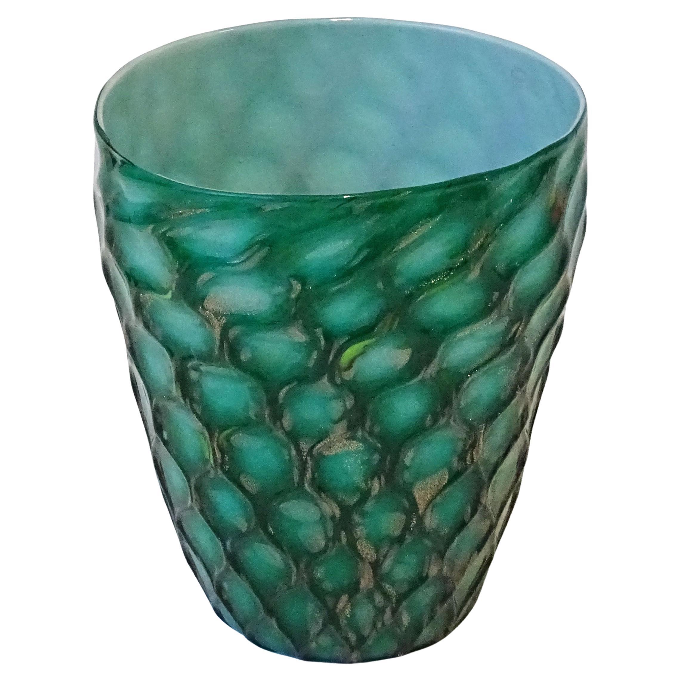 Experimental Murano Glass Vase in Green, White and Gold Flecks, Italy, 1950s