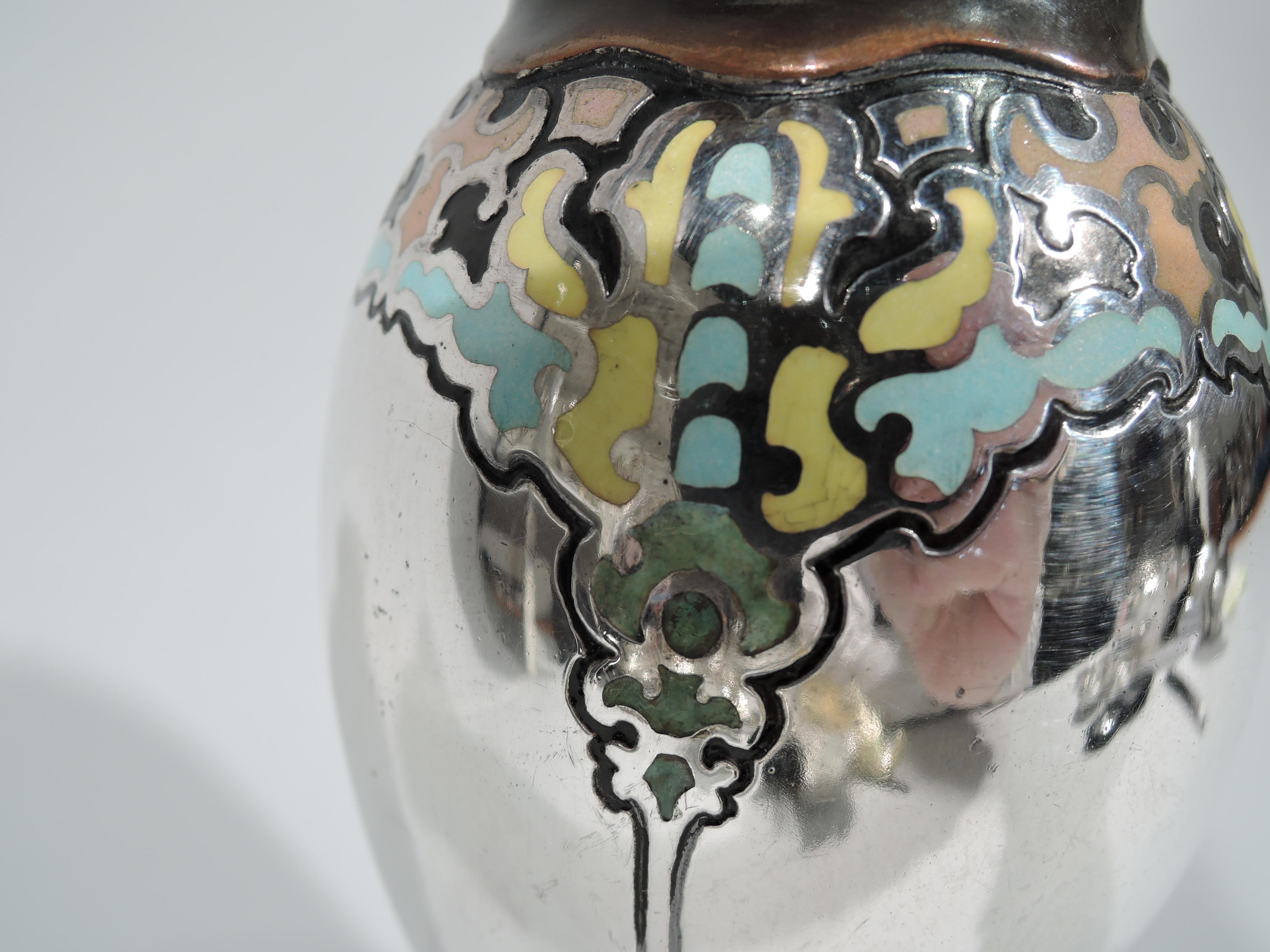 American Experimental Tiffany Art Nouveau Mixed Metal, Sterling Silver, and Enamel Vase