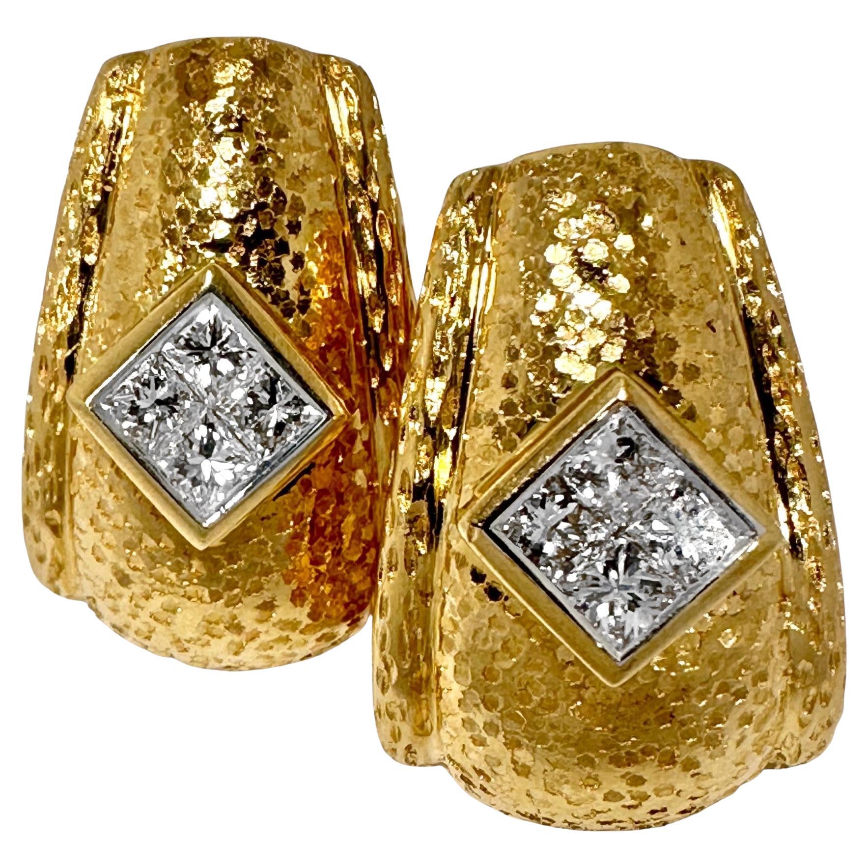 Expertly Crafted Vintage 18k Gold and Diamond, Richly Textured  Hoop Earrings For Sale