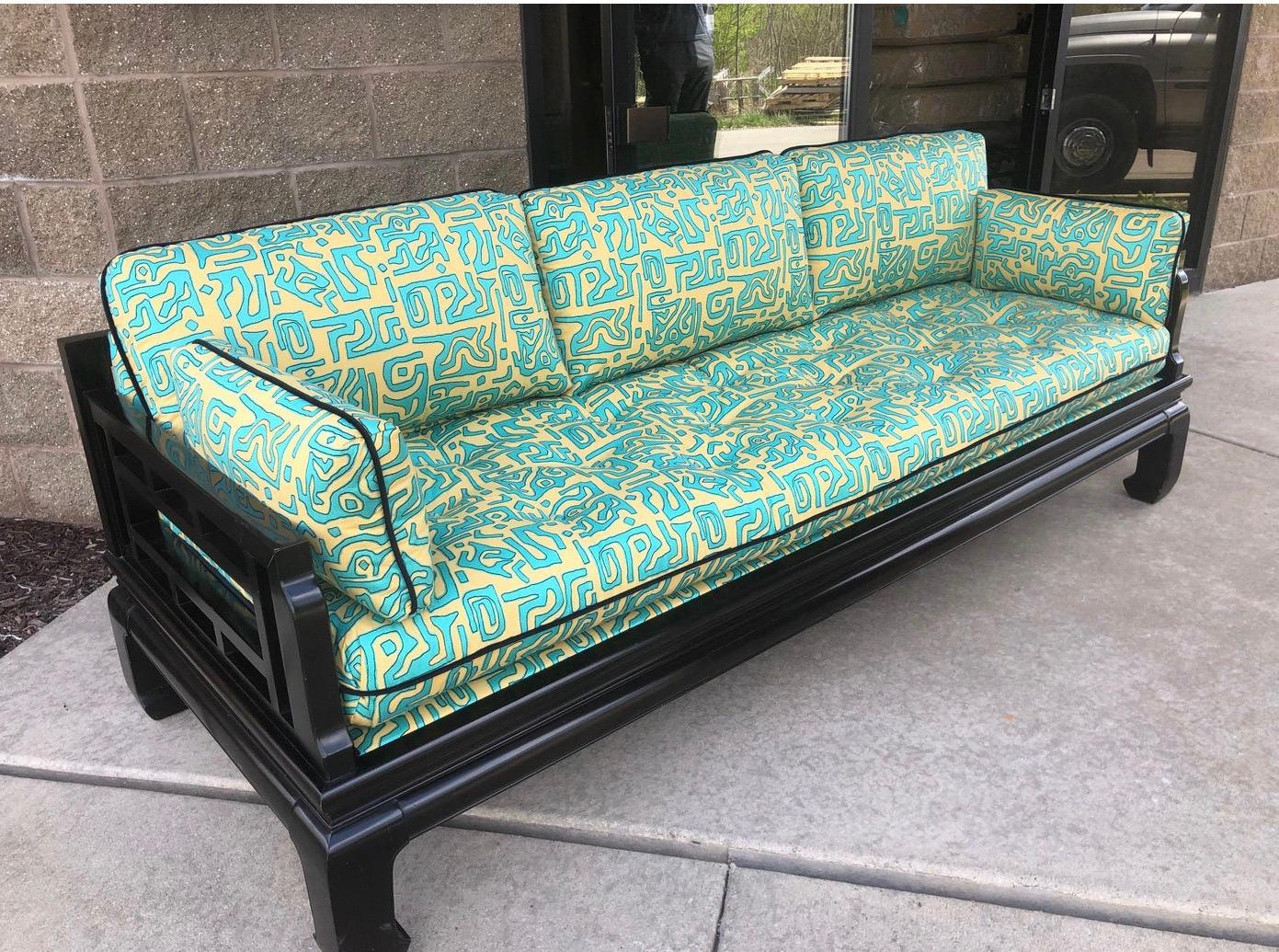 Spectacular Century Furniture Made Tomei Sofa, part of the highly sought after Chin Hua collection by Raymond Sobota, circa 1970s. Fresh from a complete overhaul from the Upholstery house and covered in a decadent imported Italian Woven by Robert