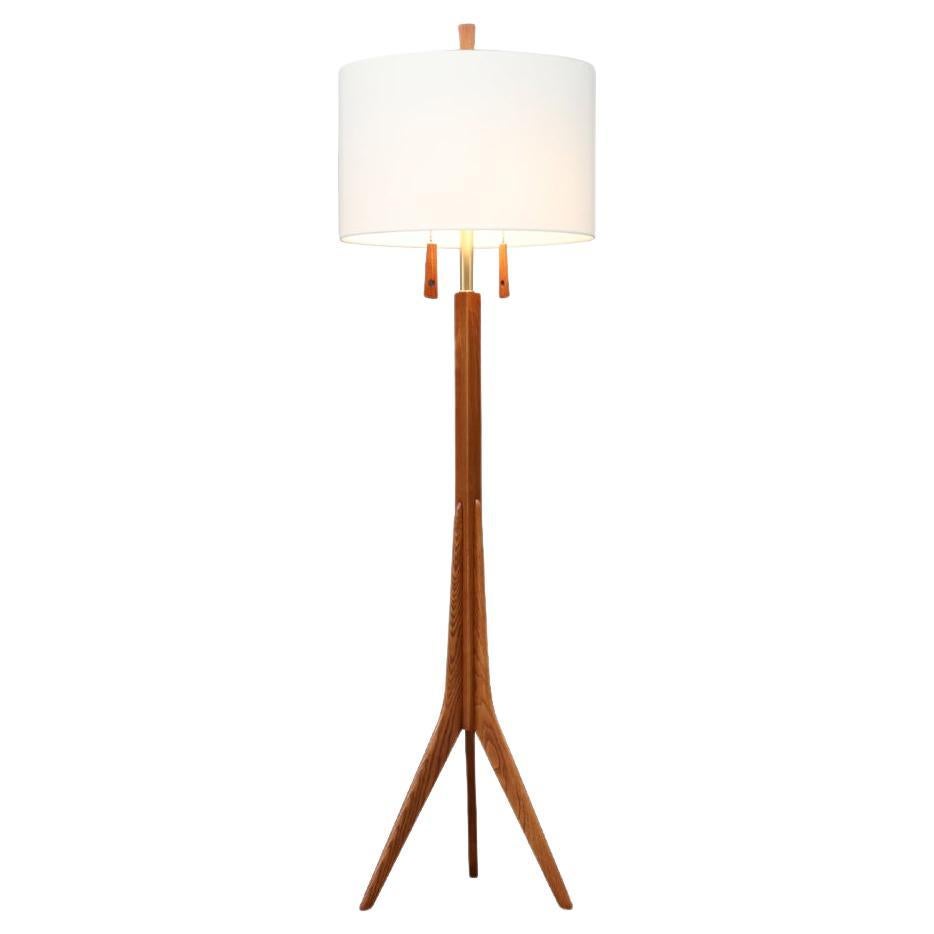 Expertly Restored - Danish Modern Sculpted Teak Tripod Floor Lamp For Sale
