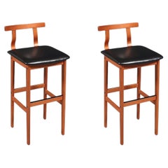 Restaurés avec soin – Tabourets de bar modernes danois en teck et cuir de la marque Korup Stolefabrik