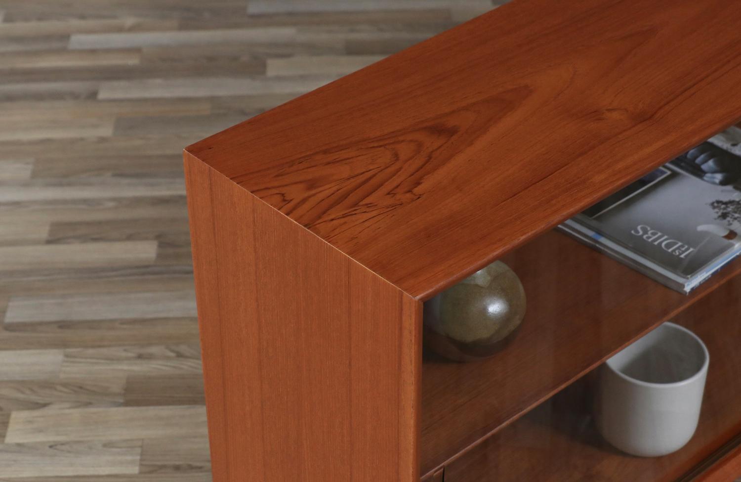 Mid-20th Century Expertly Restored - Danish Teak Bookcase w/ Glass Sliding Doors