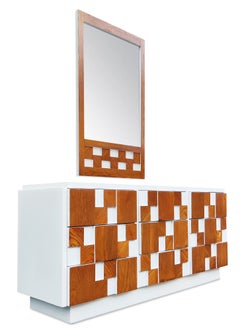 Expertly Restored Enameled Lane Staccato or Mosaic Brutalist Dresser & Mirror