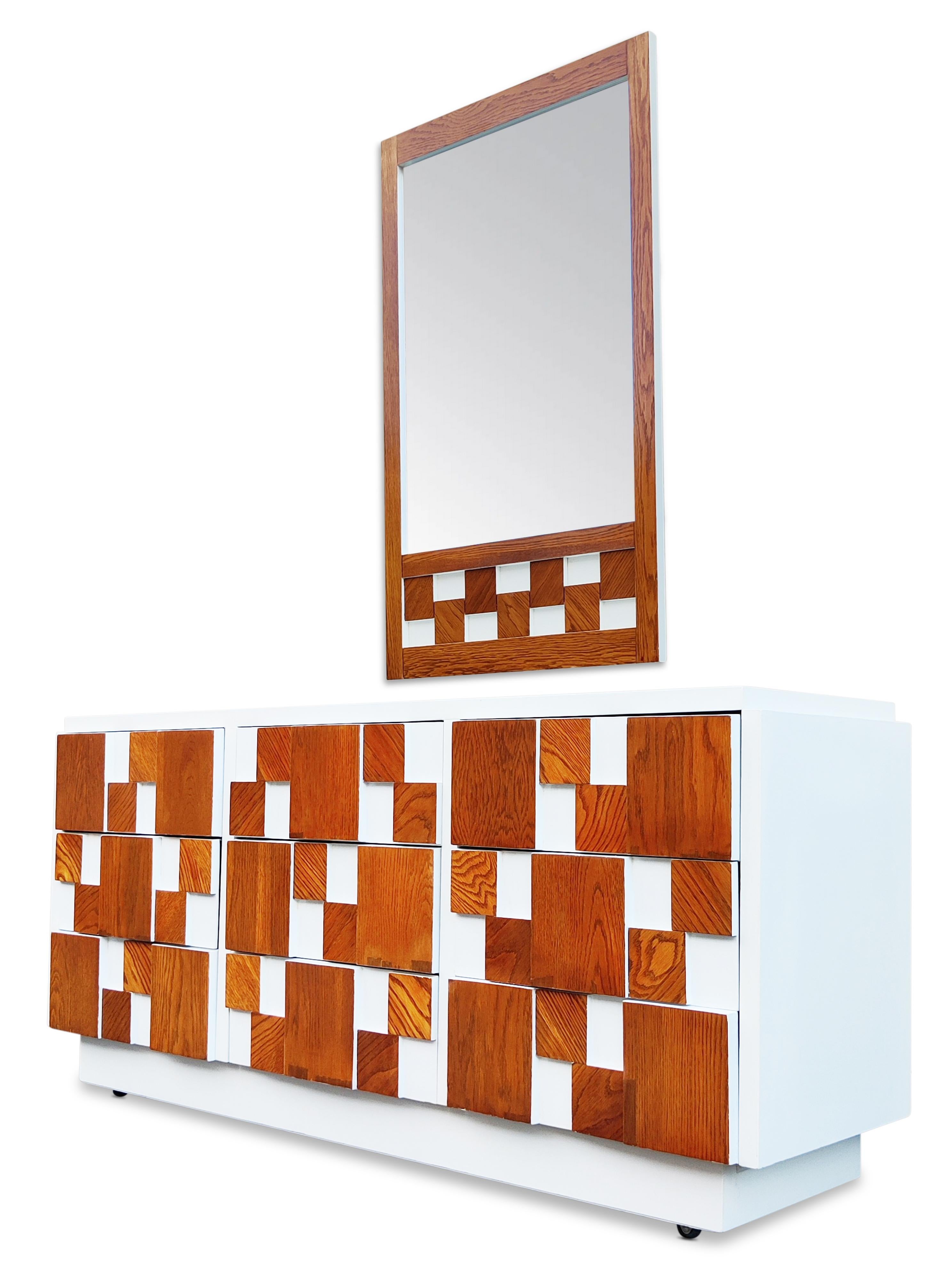 Mid-Century Modern Expertly Restored Enameled Lane Staccato or Mosaic Brutalist Dresser & Mirror For Sale