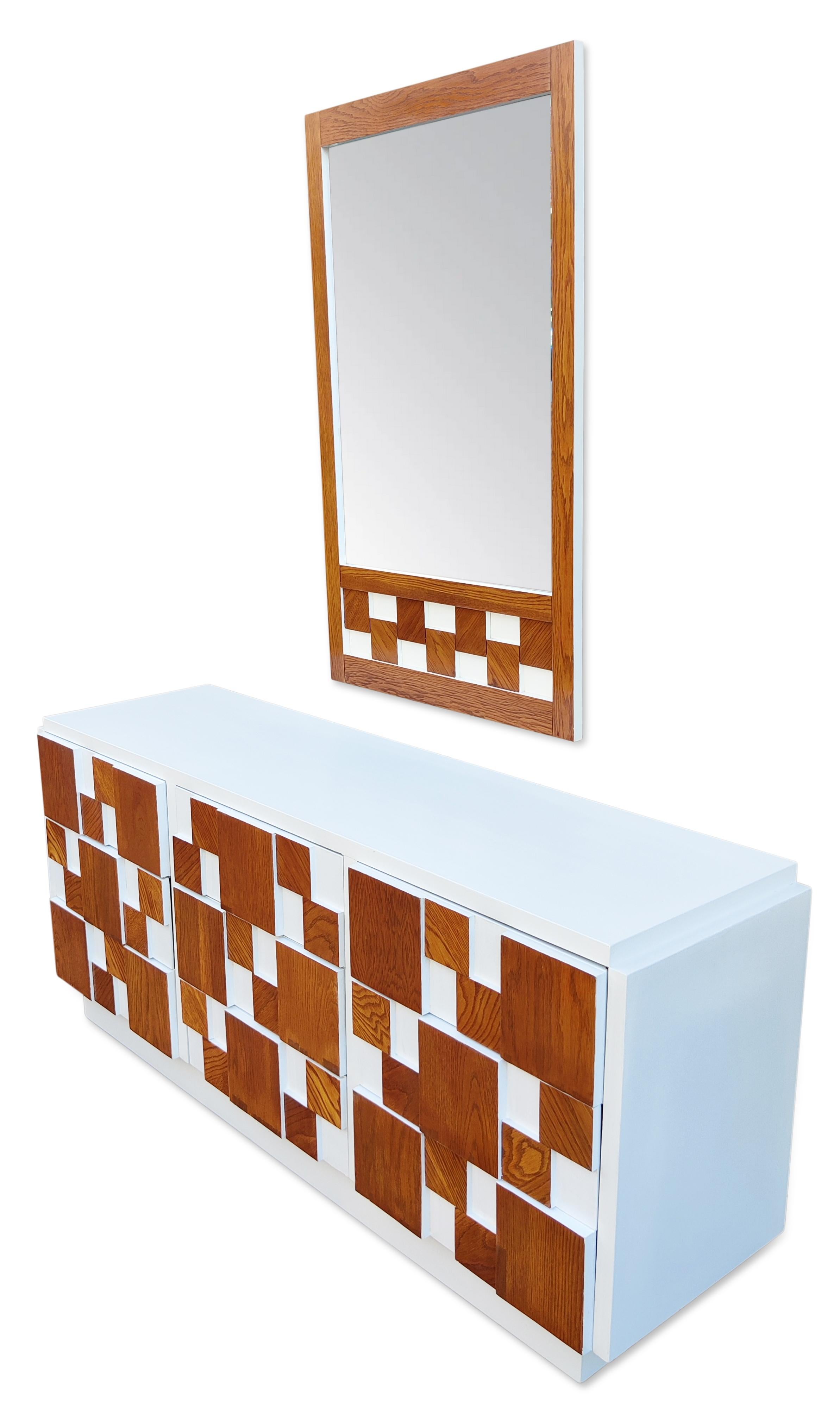 Expertly Restored Enameled Lane Staccato or Mosaic Brutalist Dresser & Mirror In Good Condition For Sale In Philadelphia, PA