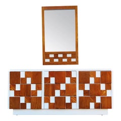 Expertly Restored Enameled Lane Staccato or Mosaic Brutalist Dresser & Mirror