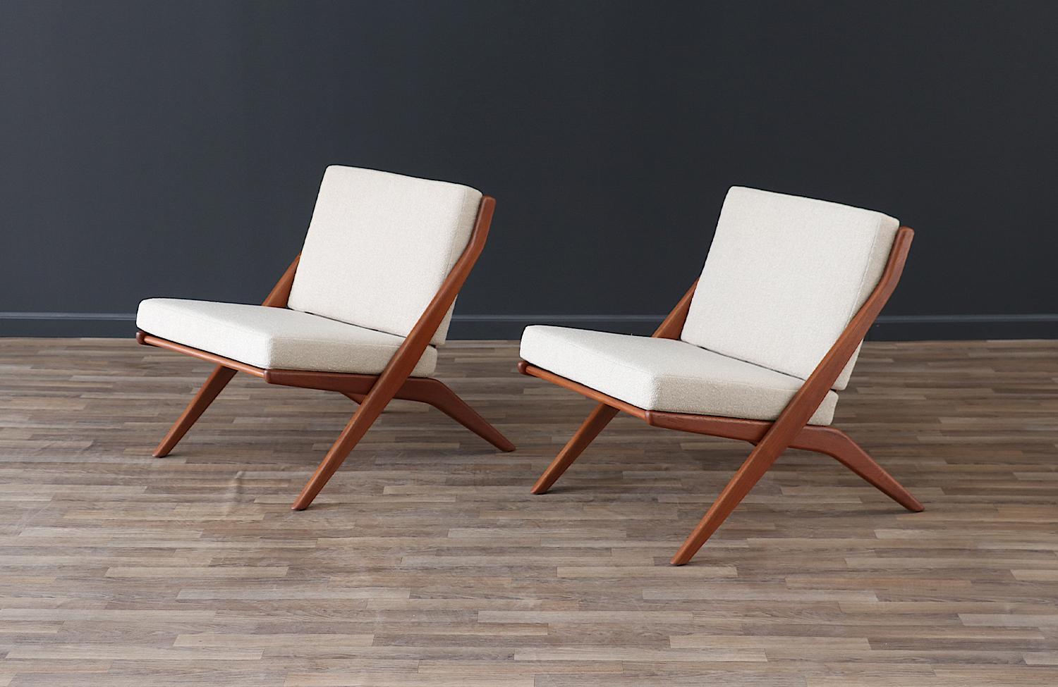 Scandinavian Modern Expertly Restored - Folke Ohlsson Teak & Tweed “Scissor” Lounge Chairs for Dux For Sale