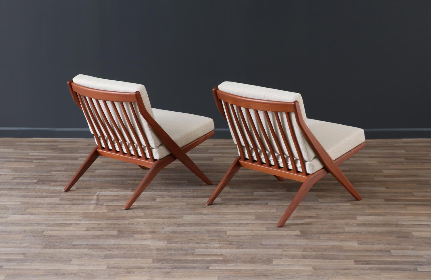 Expertly Restored - Folke Ohlsson Teak & Tweed “Scissor” Lounge Chairs for Dux In Excellent Condition For Sale In Los Angeles, CA