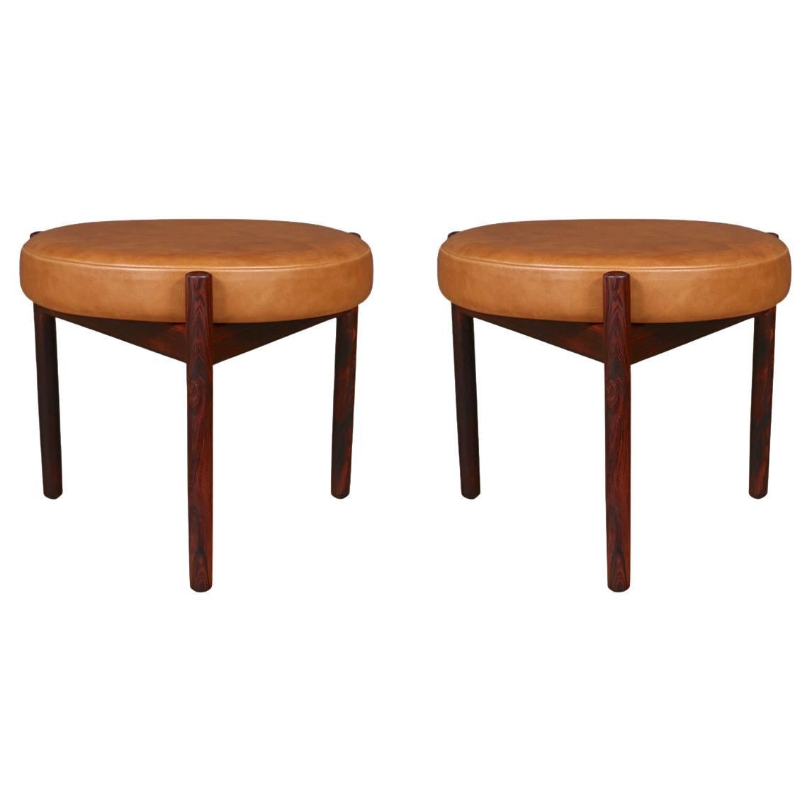 Expertly Restored - Hugo Frandsen Rosewood & Cognac Leather Stools