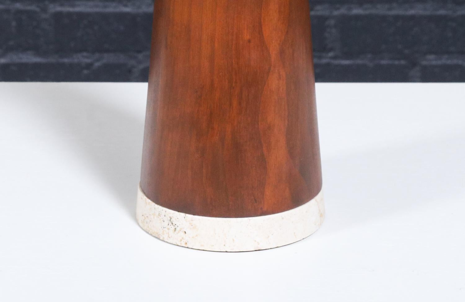 Expertly Restored - Italian Travertine & Walnut Cone Style Table Lamp For Sale 4