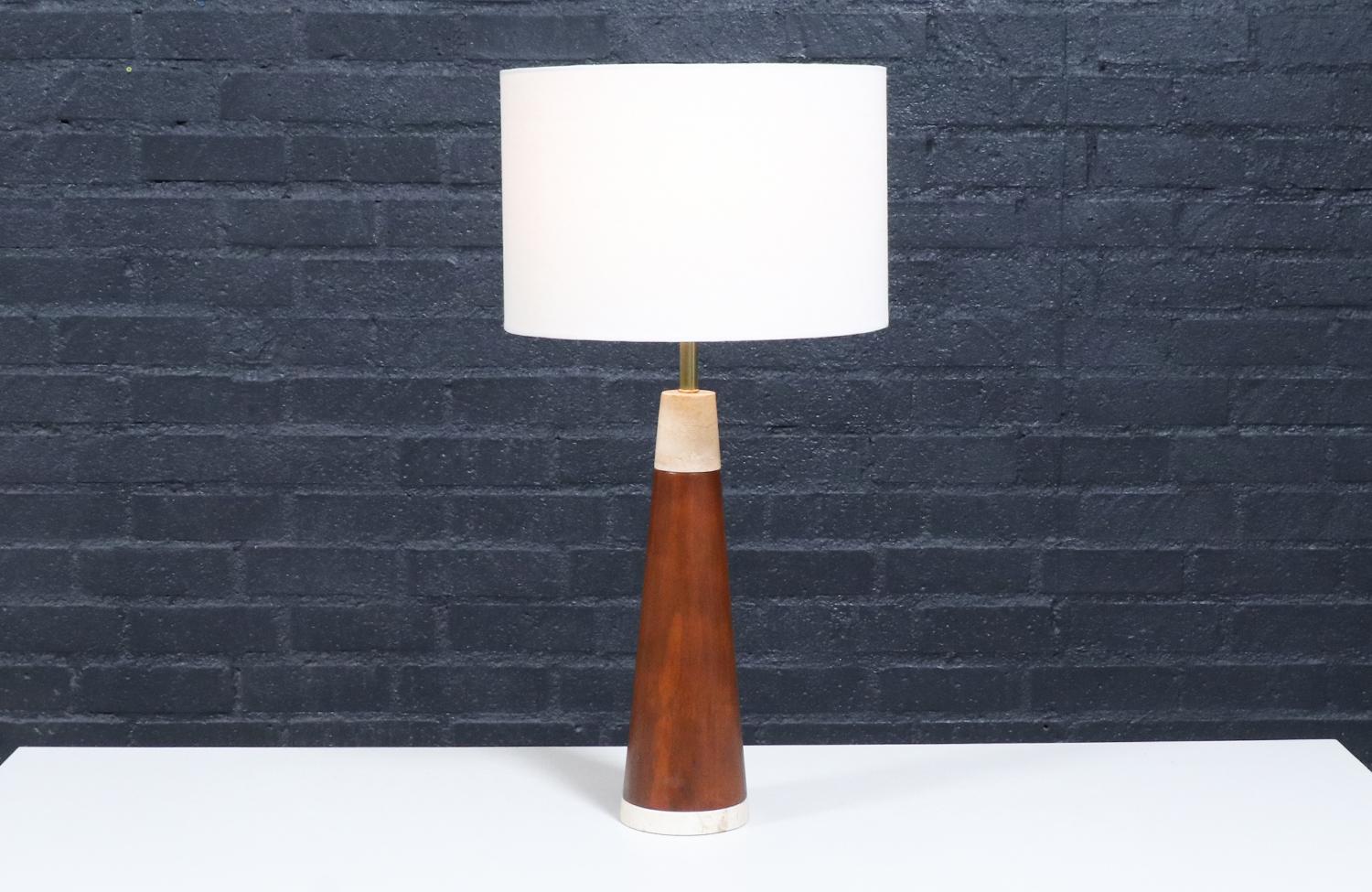 Mid-Century Modern Expertly Restored - Italian Travertine & Walnut Cone Style Table Lamp For Sale