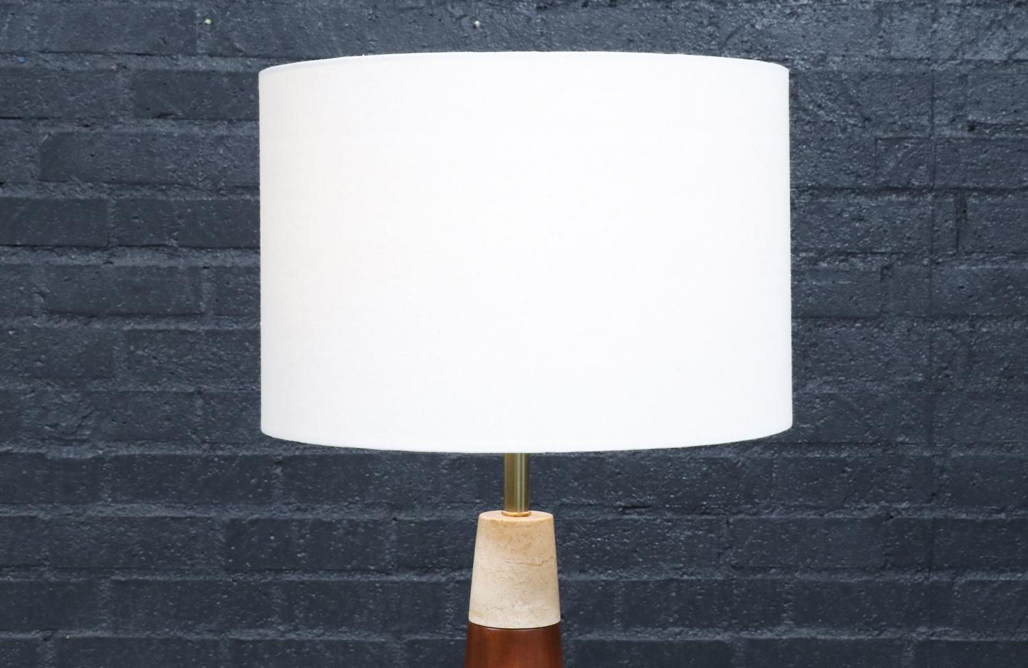 Expertly Restored - Italian Travertine & Walnut Cone Style Table Lamp In Excellent Condition For Sale In Los Angeles, CA