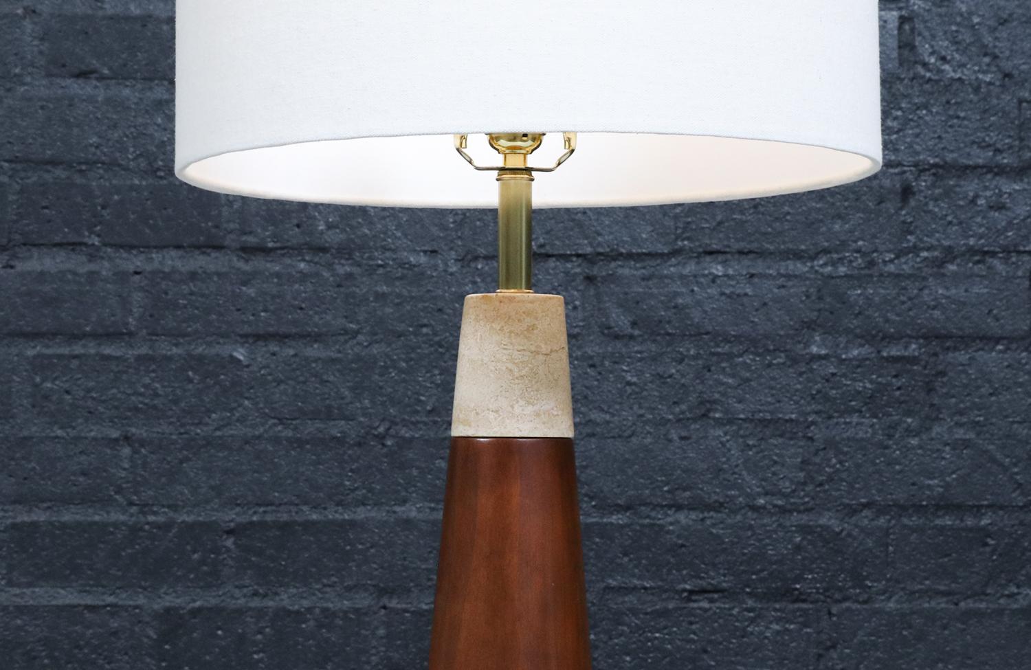 Mid-20th Century Expertly Restored - Italian Travertine & Walnut Cone Style Table Lamp For Sale