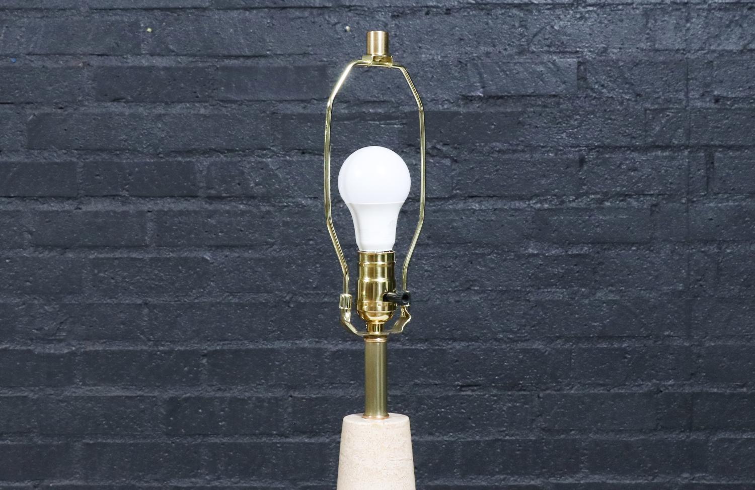 Expertly Restored - Italian Travertine & Walnut Cone Style Table Lamp For Sale 2