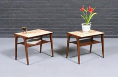 Expertly Restored-John Van Koert “Profile” Travertine Top Side Tables for Drexel