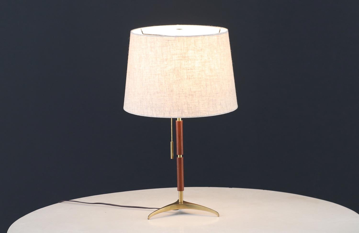 Mid-Century Modern Expertly Restored - Julius T. Kalmar Brass Tripod & Teak Table Lamp