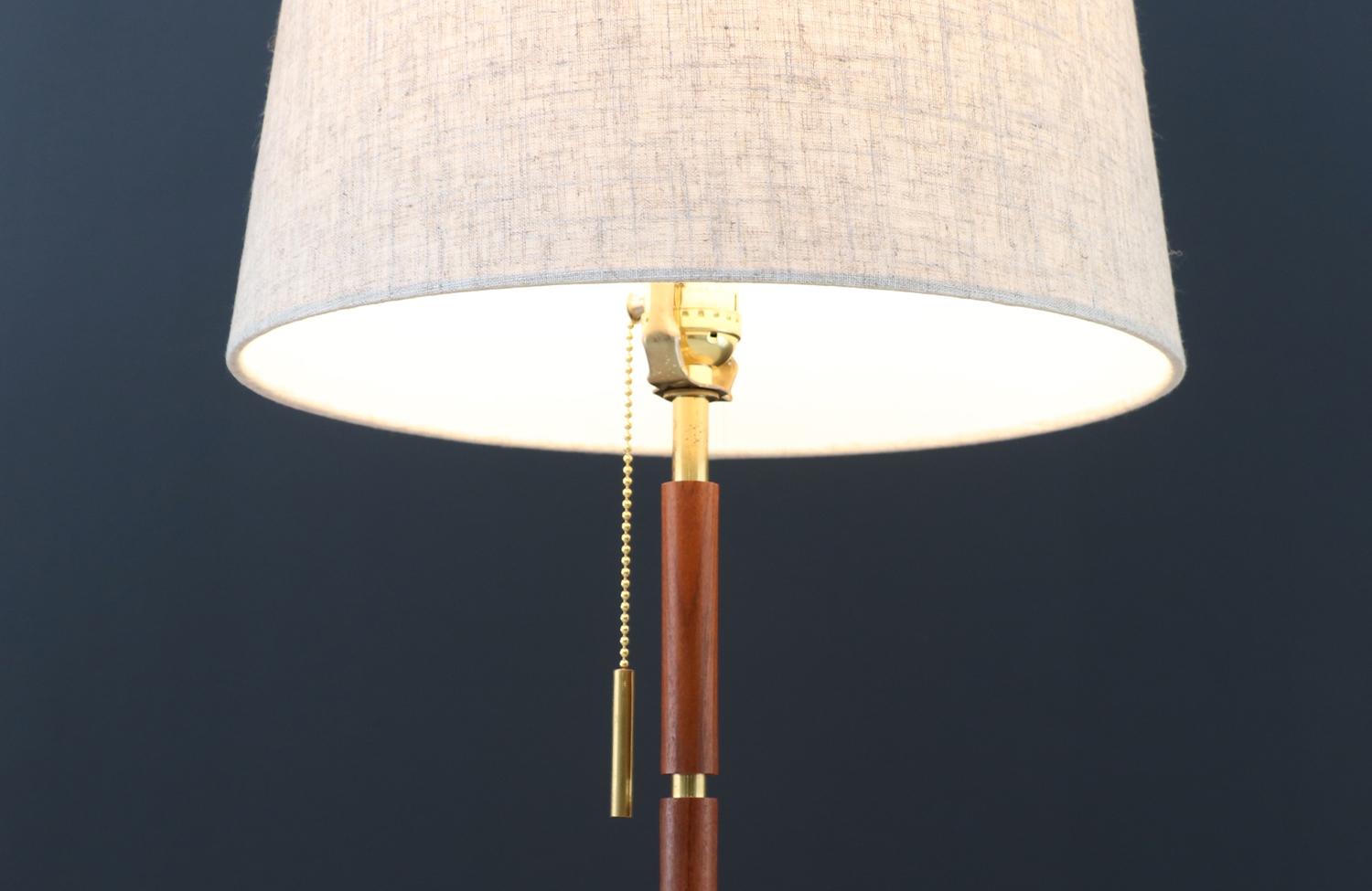 Patinated Expertly Restored - Julius T. Kalmar Brass Tripod & Teak Table Lamp