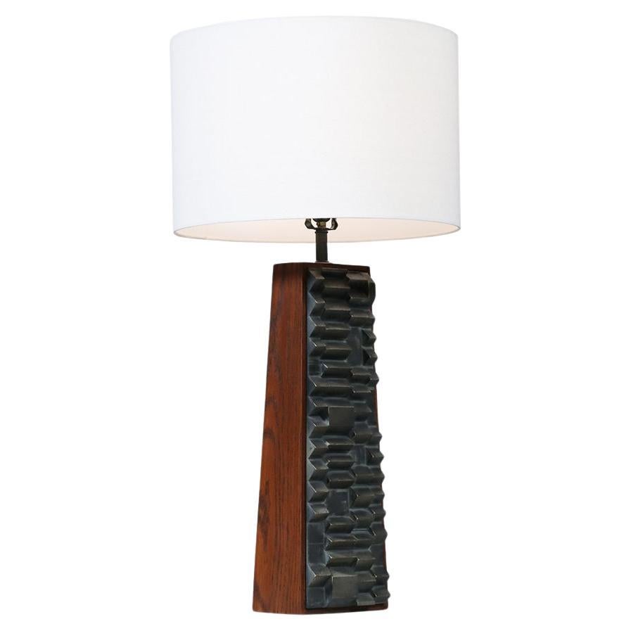 Expertly Restored - Laurel Brutalist Table Lamp w/ Geometric Metal Relief For Sale