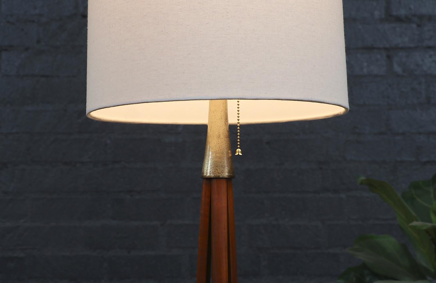 Expertly Restored - Mid-Century Modern Sculpted Korina Wood & Brass Floor Lamp 1