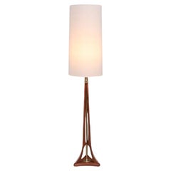 Expertly Restored - Mid-Century Modern Sculpted Korina Wood & Brass Floor Lamp