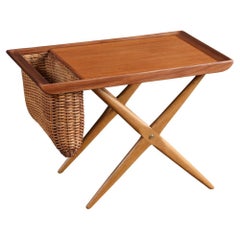 Vintage Expertly Restored - Mid-Century Modern Sculpted Side Table with Wicker Basket