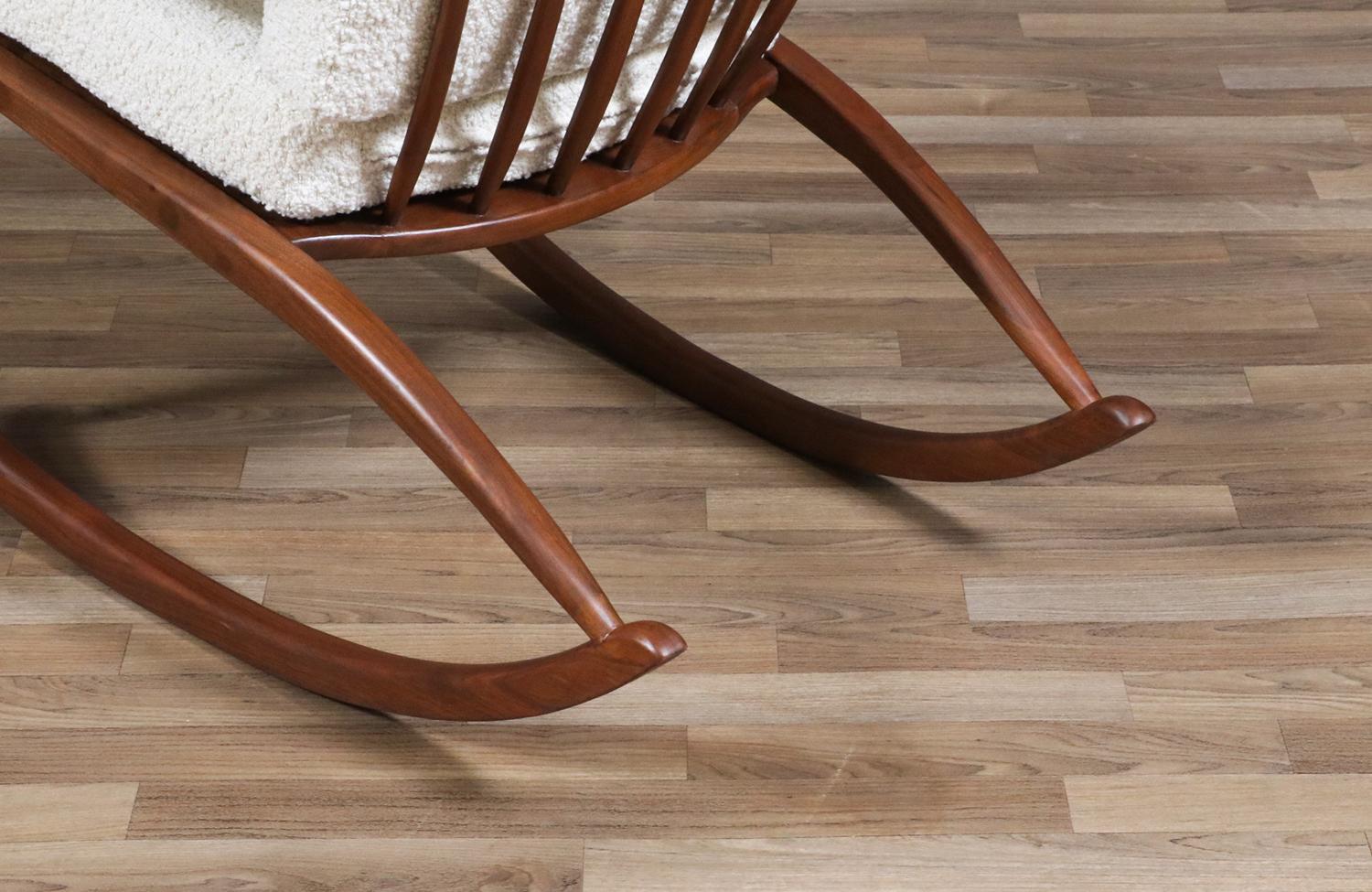 Expertly Restored - Mid-Century Modern Sculpted Walnut & Boucle Rocking Chair For Sale 8