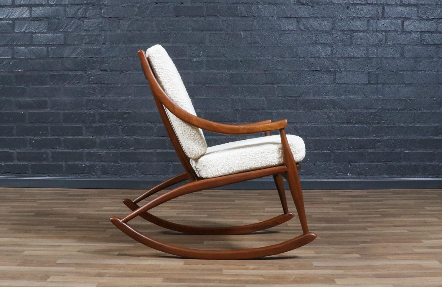 American Expertly Restored - Mid-Century Modern Sculpted Walnut & Boucle Rocking Chair For Sale