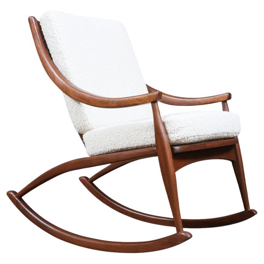 Expertly Restored - Mid-Century Modern Sculpted Walnut 
Boucle Rocking Chair For Sale
