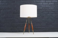 Expertly Restored - Mid-Century Modern Tripod Brass & Walnut Table Lamp