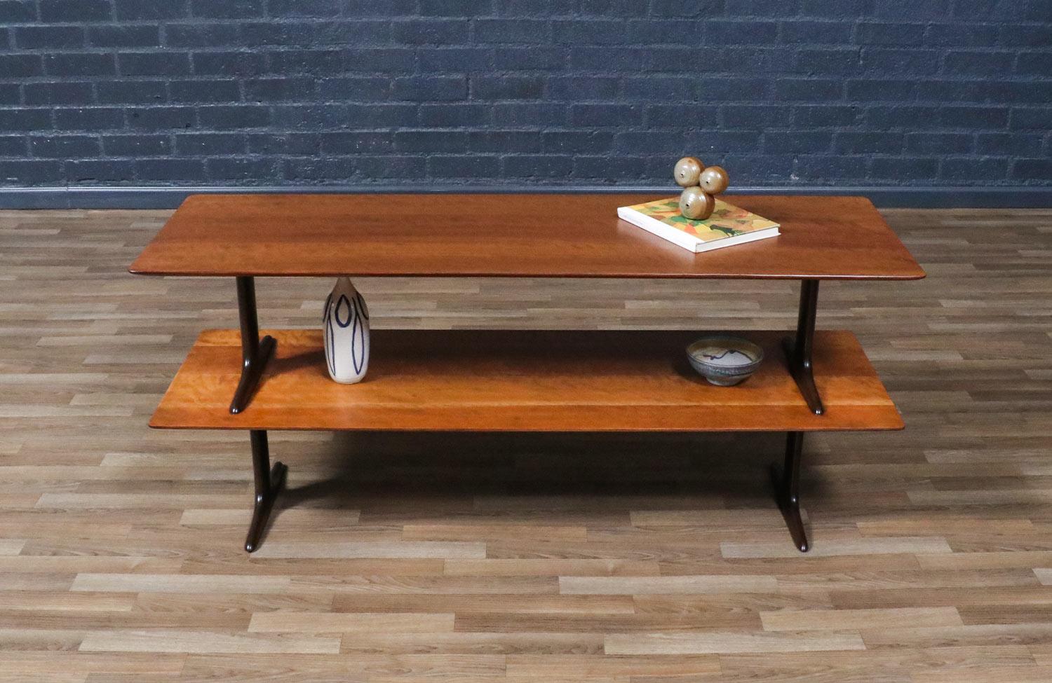 Stained Expertly Restored - Mid-Century Modern Two-Tier Sculpted Bookshelf For Sale