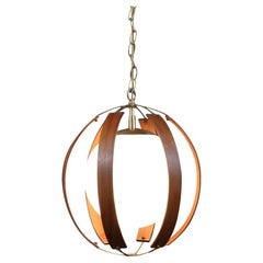 Expertly Restored - Mid-Century Modern Walnut & Brass Orb Pendant Chandelier