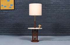 Expertly Restored-Mid Century Sculpted Walnut Floor Lamp w/Travertine Side Table