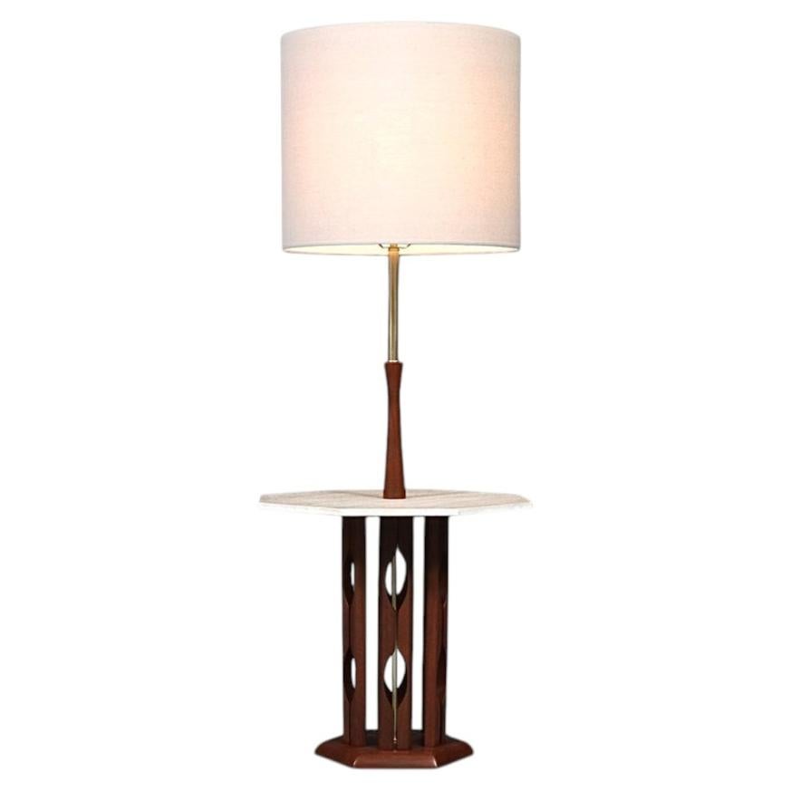Expertly Restored-Mid Century Sculpted Walnut Floor Lamp w/Travertine Side Table For Sale