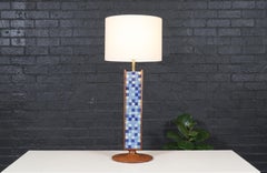 Expertly Restored - Mid-Century Sculpted Walnut Table Lamp w/ Blue Mosaic Tiles