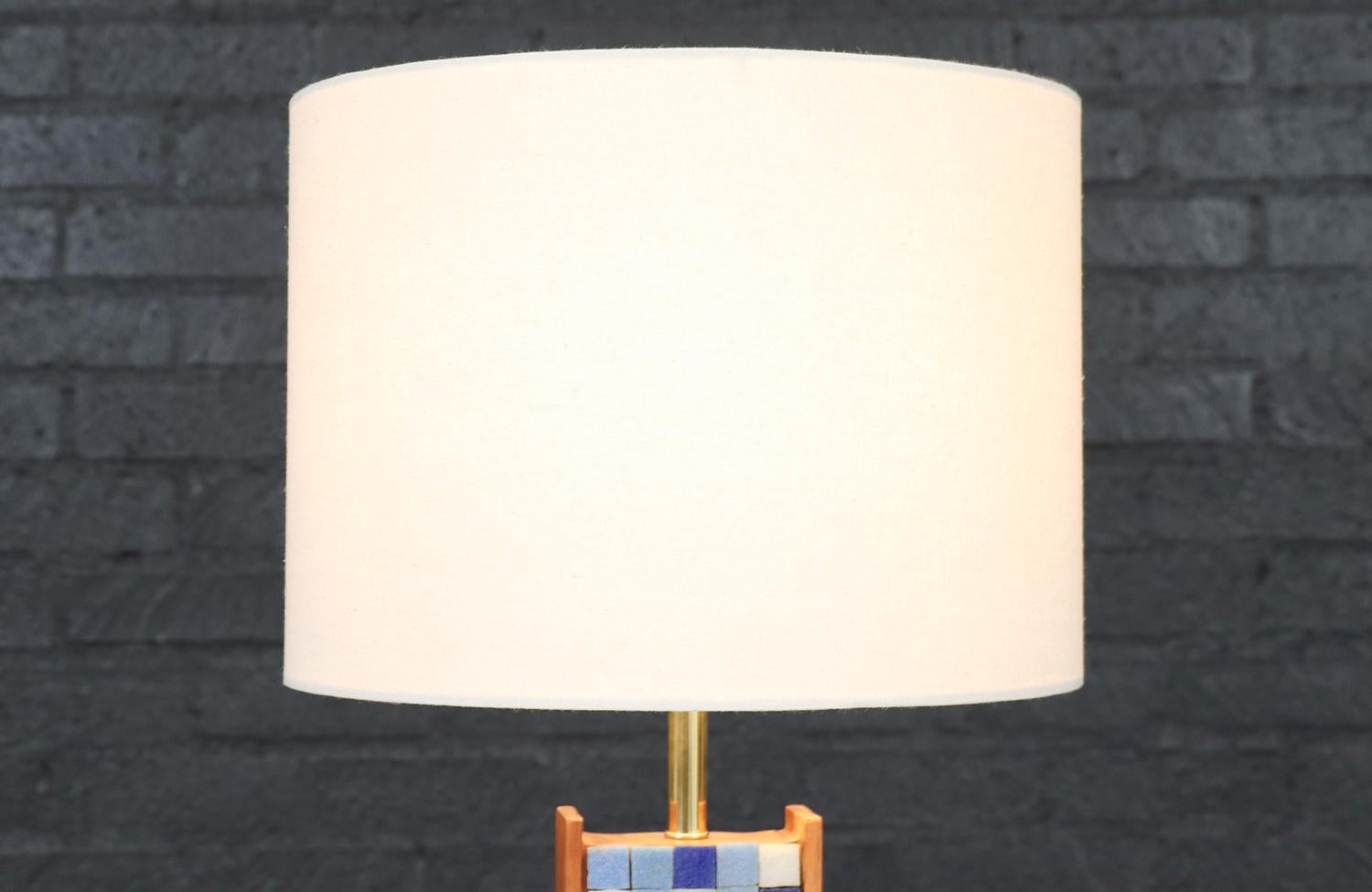Mid-20th Century Expertly Restored - Mid-Century Sculpted Walnut Table Lamp w/ Blue Mosaic Tiles For Sale